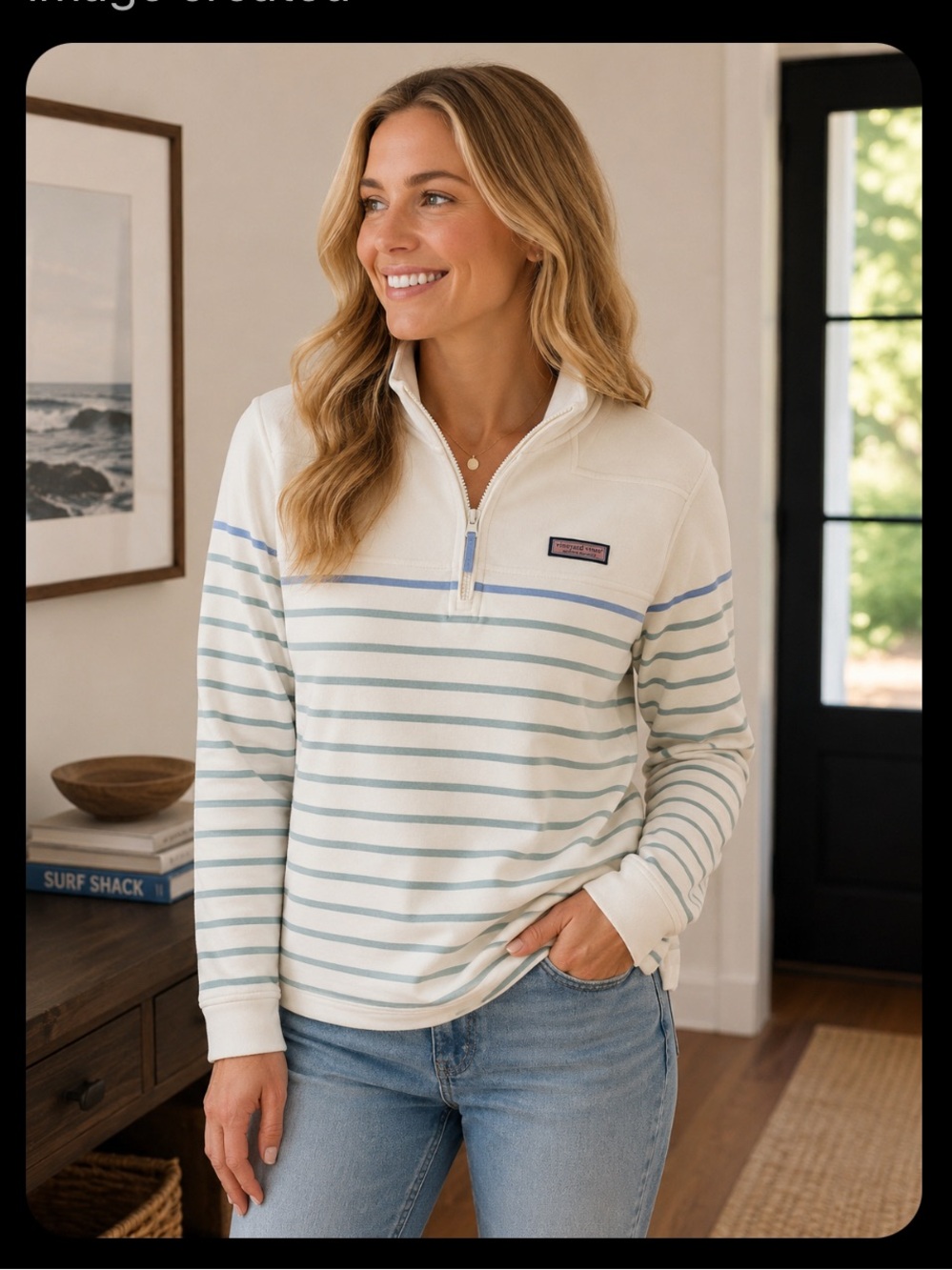 Vineyard Vines NWOT Women’s Cream Half-Zip Sweater with Blue-Green Stripes
